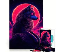 Neon Wolf with Red Moon Teenagers Puzzles 1000 Piece Jigsaws Smart Game Calming Play Pattern Assembly Lovely Present (38x52cm)