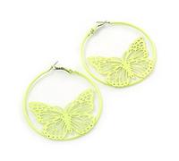 Neon Yellow Enamel Filigree Butterfly Metal Hoop Earrings/ 6cm D