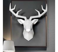NEONMAN Resin Deer Head Sculpture Stag Head Wall Mount 3d Forest Animal Rustic Wall Art Deer Head Decor Wall Mount Background Wall Crafts Decor Deer Horn Wall Ornament Geometric Faux Resin Head(White,