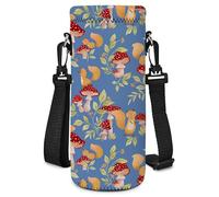 Neoprene Water Bottle Carrier Bag with Adjustable Shoulder Strap for Men Women Walking Hiking,Portable Insulated Holder Case for Stainless Steel/Glass/Plastic Bottles (Mushroom Squirrel, 1000ML)