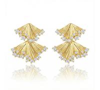 NEOTIGER Elegant Gold Ginkgo Leaf Stud Earrings for Women, Double-Layer CZ Fan-Shaped Earrings, Dainty Luxury Design Fashion Jewelry for Daily/Commute/Banquet