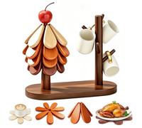 NeoWison 2-in-1 Tree Shaped Wooden Trivets & Mug Holder Set, Tree Shaped Trivet Set of 4 with 2 Stand, Coffee Cup Holder with 4 Hooks,Foldable Kitchen Wooden Trivets for Pots,Bowls, Teapots,Pans,Cups