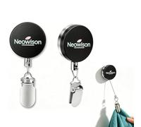 NeoWison Retractable Adhesive Towel Clip, 65cm Auto Rewind, Black 2 Pack | Wall Mounted, No Drilling, Residue-Free, 304 Stainless Steel, Rust-Resistant, Kitchen, Bathroom, Flats, Caravan, Camping