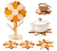 NeoWison Sunflower Wooden Trivets Set of 5, Dual-Size Foldable Trivets | Reversible dual-size 14/17cm heat-resistant wooden trivets for hot pots, pans, teapots; 2 leaf coasters & farmhouse decor