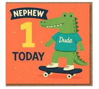 Nephew 1 Today Birthday Card - Cute Skater Crocodile 'Dude' Illustration - First Birthday Card for Nephew, Fun Skateboard Theme