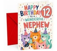 Nephew 12th Birthday Card Party Cats and Confetti | Large A5 Card with Printed Inside Message; Colourful party cats and confetti with a bold 12 badge for Nephew 12th Birthday