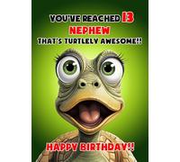 Nephew 13th Birthday Card (Funny Shocked Turtle) - For Him Age Male Boy Man Animal