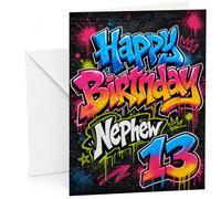 Nephew 13th Birthday Card Graffiti Street Art Paint Splatter | Large A5 Card with Printed Inside Message; Graffiti-style “Happy Birthday” lettering for Nephew 13th Birthday