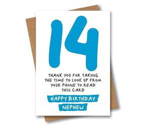 Nephew 14th Birthday Card for Nephew - Funny Look up from Phone Joke
