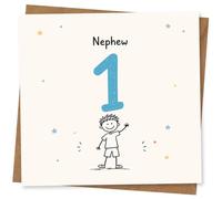 Nephew 1st Birthday Card, Cute Birthday Card for Nephew, Age 1 Party with Hand-Drawn Boy Illustration and Confetti Stars