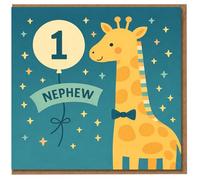 Nephew 1st Birthday Card - Cute Giraffe with Number 1 Balloon and Stars - Age 1