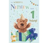 Nephew 1st Birthday Card for Boys - Barley Bear in a Present with an Embossed Foil Finish - Eco-Friendly - by ICG