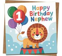 Nephew 1st Birthday Card - Happy Birthday Nephew with Cute Lion & Balloons - 145mm x 145mm Square - Kraft Envelope Included - Jungle/Circus Kids Age 1 Greeting Card
