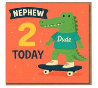 Nephew 2 Today 2nd Birthday Card - Cute Crocodile on Skateboard with 'Dude' Tee, Orange Fun Kids Design