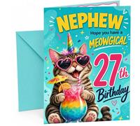 Nephew 27th Birthday Card Meowgical Unicorn Cat Cocktail | Large A5 Card with Printed Inside Message; Bright teal for Nephew 27th Birthday