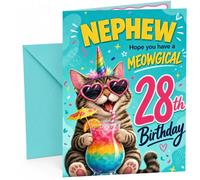 Nephew 28th Birthday Card Meowgical Cat Unicorn Cocktail | Large A5 Card with Printed Inside Message; Bright teal with a cool tabby cat in heart sunglasses for Nephew 28th Birthday
