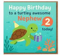 Nephew 2nd Birthday Card - Cute Turtle Pun Underwater Design - 'Happy Birthday to a turtley awesome Nephew 2 today!' - Fun Kids Ocean Theme