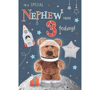 Nephew 3rd Birthday Card - Age 3 - Barley Bear Teddy, Rocket and Space Design - Special Finishes and Illustrated Insert Leaf - Made in the UK - Eco-Friendly