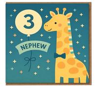 Nephew 3rd Birthday Card - Cute Giraffe with Balloon, Stars and Bow Tie, Number 3 Kids Design