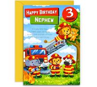 Nephew 3rd Birthday Card - Fire Engine Birthday Card for Age 3 - A5 Size Card with Yellow Envelope, Made in UK