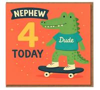 Nephew 4 Today Birthday Card - Skateboarding Crocodile 'Dude' Design for a Cool 4-Year-Old Nephew