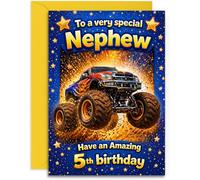 Nephew 5th Birthday Card - Monster Truck Design Age 5 Nephew Boy - UK Designed and Printed - A5 Size Card with Yellow Envelope
