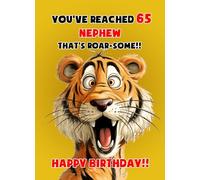 Nephew 65th Birthday Card (Funny Shocked Tiger) - From Auntie Uncle Gift Idea For Him Age Male Boy Man Animal Humour Greeting Blank Inside Envelope Included UK