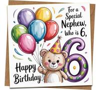 Nephew 6th Birthday Card - Cute Teddy Bear & Balloons - For a Special Nephew Who Is 6 - Happy Birthday Greeting Card for Boys - 145mm x 145mm Square with Kraft Envelope