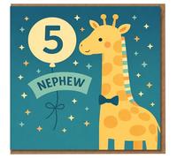 Nephew Age 5 Birthday Card - Cute Giraffe with Balloon and Stars Design
