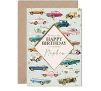 Nephew Birthday Card - Classic Cars - Happy Birthday Card for Nephew from Auntie Uncle, 5x7 Inch Vintage Motors Bday Greeting Cards
