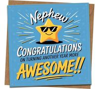 Nephew Birthday Card - Congratulations Another Year More Awesome - Fun Star Design, Blue Square Greeting Card, 145mm x 145mm, Includes Kraft Envelope