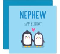 Nephew Birthday Card - Cute Penguins - Happy Birthday Card for Nephew from Auntie Uncle, 145mm kawaii animal design Bday Greeting Cards