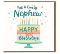 Nephew Birthday Card - For a Lovely Nephew, Colourful Cake with Candles and Confetti, Cute Happy Birthday Design