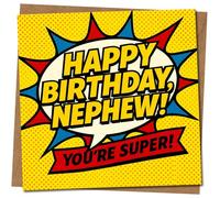 Nephew Birthday Card - Superhero Pop Art Comic Design - Happy Birthday, Nephew! You're Super! - Fun Colourful Greeting Card for -, 145mm x 145mm Square, Includes Kraft Envelope