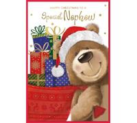 Nephew Christmas Card - Santa Bear with Gifts & Gold Foil 7.5x5.25"