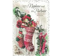 Nephew & Partner Christmas Card 24x16cm - “For a Special Nephew and His Partner” - Festive Stockings & Wreath Design, Glitter Finish, Includes Envelope - Xmas Holiday Greeting