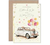 Nephew & Wife Wedding Card - Vintage Car - Happy Wedding Card from Auntie Uncle, A5 Marriage Congrats Well Done Greeting Cards