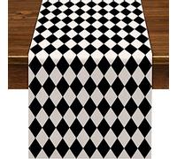 Nepnuser Linen Black White Diamond Lattice Table Runner Tea Themed Party Decorations Picnic Holiday Checkered Buffalo Plaid Table Cover for Kitchen Dining Room (13" x 120")