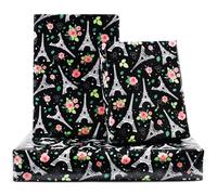 NEPOG Eiffel Tower Wrapping Paper, Black Paris Eiffel Tower Flower Gift Wrapping Paper for Women Men Boys, 6 Sheets Folded Flat 20x28 inches per Sheet for Wedding, Mother's Day, Birthday Party