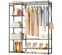 Neprock Clothes Rails for Bedroom, FreeStanding Open Wardrobe Closet with Hanging Rail, 4 Storage Shelves, 3 Hooks and 2 Bottom Shelves, Portable Metal Clothing Rack for Shoe and Clothes Storage,Black