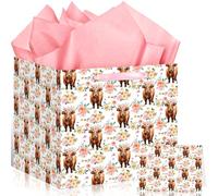 Neptniopllab 12 Inches Extra Large Floral Highland Cow Birthday Gift Bag with Handles Greeting Card and Tissue Paper, Highland Cow Foil Gift Bag for Cow Lover Birthday Decoration Supplies