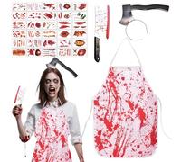Nepturion Halloween Slaughter Costume for Men & Women - Scary Butcher Costume Horror Set for Halloween, Includes Bloody Apron, Knife, Axe in Head Headband & 10 Tattoo Stickers