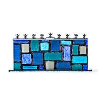 Ner Mitzvah Menorah Glass Candle Fits Standard Handmade Hanukkah Candles and White Western Wall/Kotel Design Blue Menora