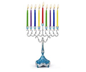 Ner Mitzvah Silver Plated Hanukkah Menorah with Blue Marble Accents, Fits All Standard - Modern Chanukah Candles, 8.5 inch High
