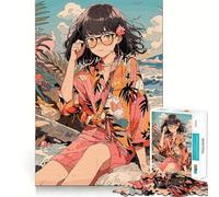 Nerd Anime Girl Beach Puzzles for Teenagers 1000 Pieces Strengthen Memory Stress Release Clean Edge Wall Art Decor (38x52cm)