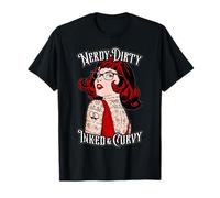 Nerdy Dirty Inked & Curvy Book Lover Tattoo Pop Art Girl T-Shirt