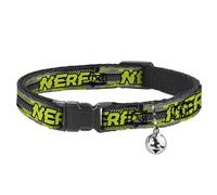 Nerf Breakaway Cat Collar | Nerf Text Glitch Logo Gray Yellow Black Durable Adjustable Bell ID Tag Ring