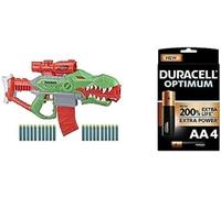 Nerf DinoSquad Rex-Rampage Motorised Dart Blaster, 10-Dart Clip, 20 Nerf Darts, 10-Dart Storage- T-Rex Dinosaur Design+Duracell NEW Optimum AA Alkaline Batteries [Pack of 4] 1.5 V LR6 MX1500
