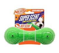 Nerf Dog Super Scent Barbell with Beef Scent, 7-Inch Durable Rubber Fetch Toy for Dogs, Green/Clear