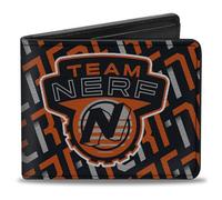 Nerf Wallet, Bifold, Team Nerf Icon and Text Collage White Red Black, Vegan Leather